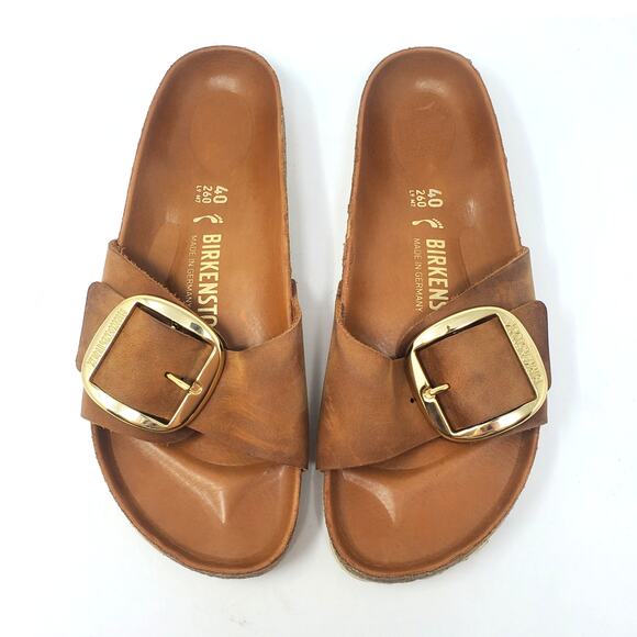 Birkenstock Madrid Big Buckle Sandals Cognac Oiled Leather Size 40 Narrow Fit - Picture 2 of 9